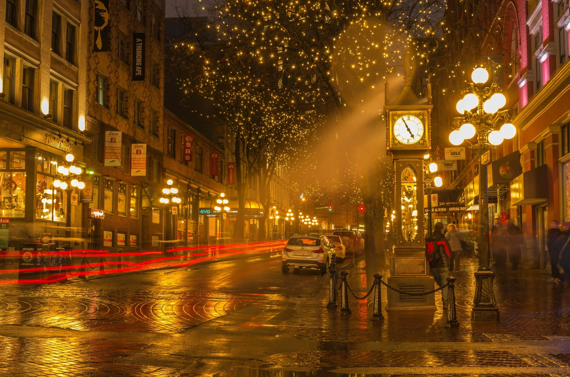 A colourful, unique perspective of Gastown, Vancouver, at night. 